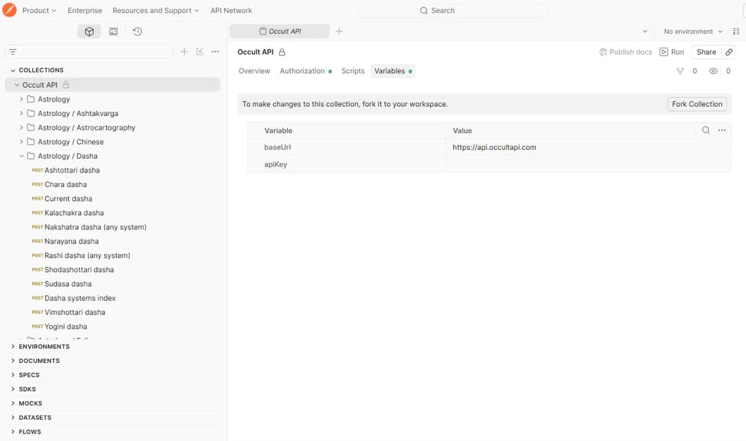 The Variables tab of the collection, showing baseUrl set to the API host and an empty apiKey