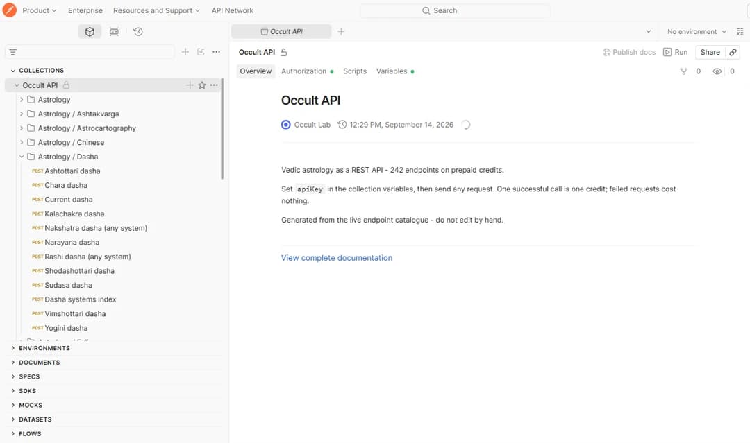 The Occult API collection open on Postman, showing the folder list and the collection overview
