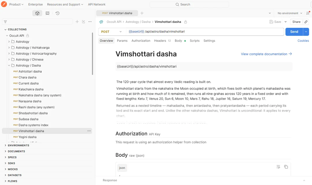 A dasha request open in Postman, showing the POST method, the baseUrl variable in the URL, and the JSON body
