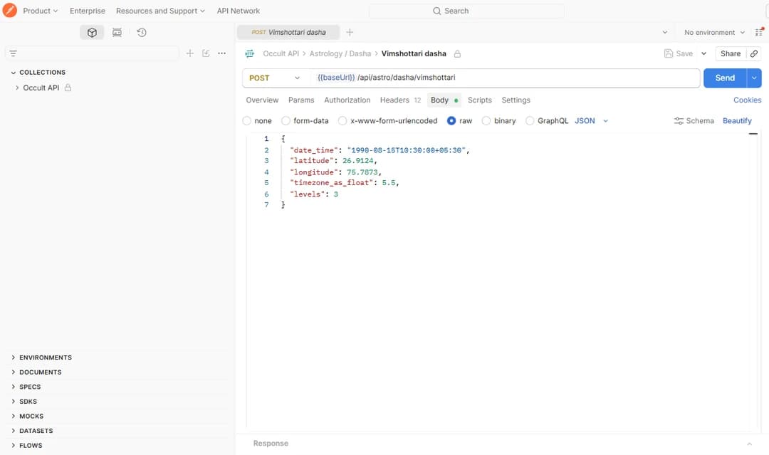 The Body tab of a request in Postman, showing the raw JSON with date_time, latitude, longitude, timezone_as_float and levels