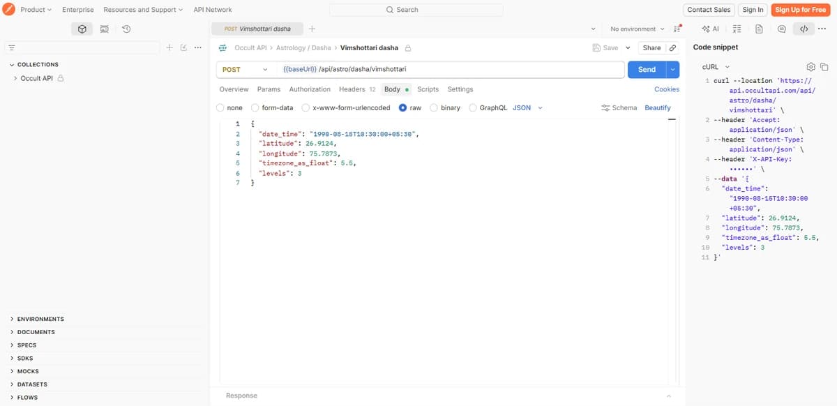 Postman's code snippet panel showing the request as a cURL command with the API key header